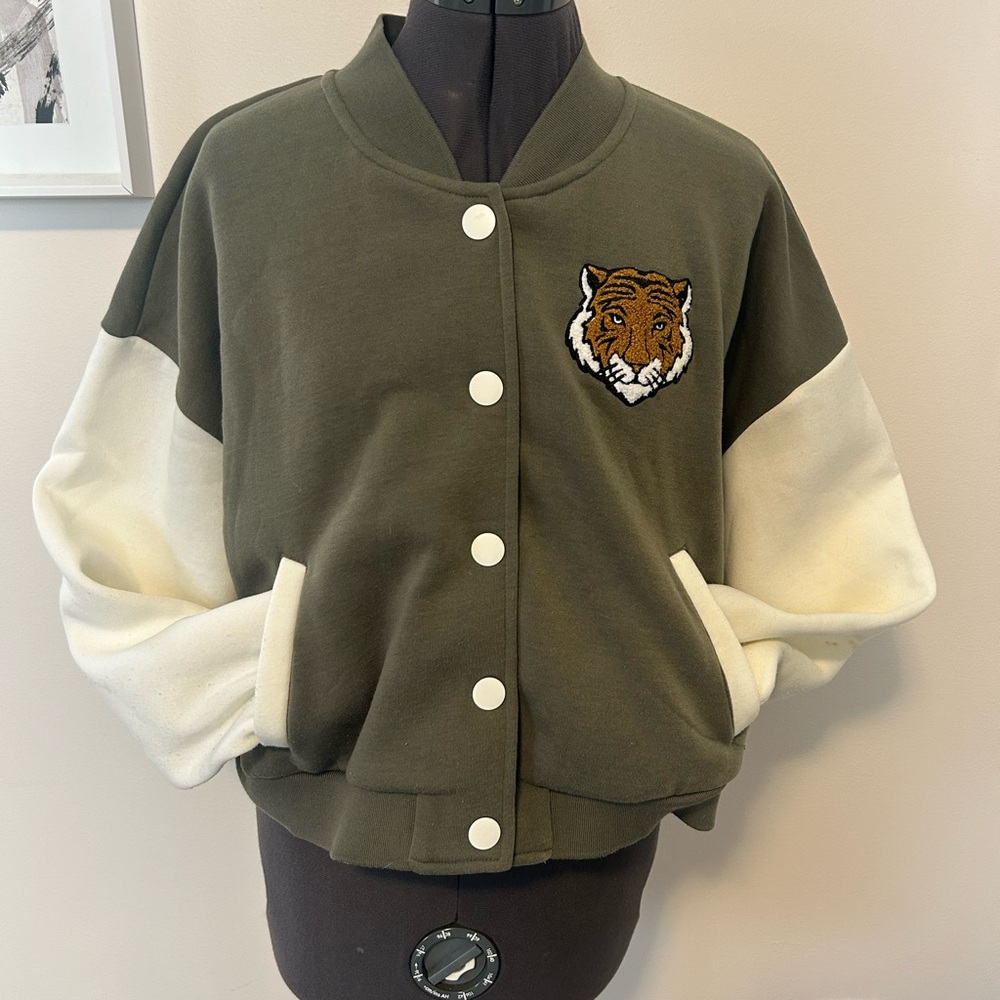 Kids Olive and Cream Tiger Patch Bomber Jacket